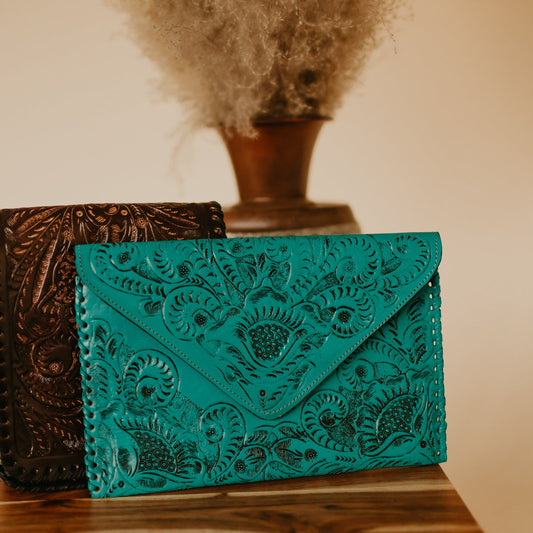 Hand Tooled Leather Envelope Clutch