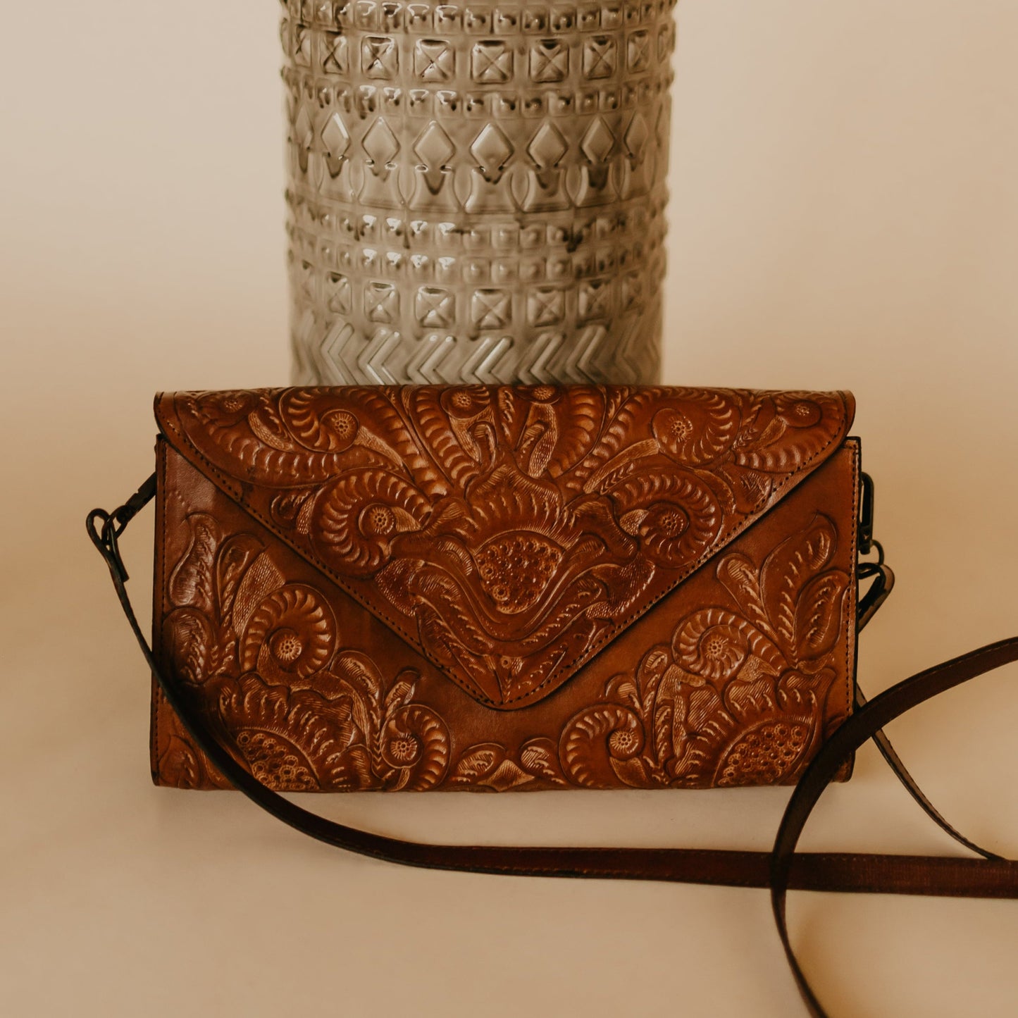 Hand Tooled Leather Envelope Cross Body Bag