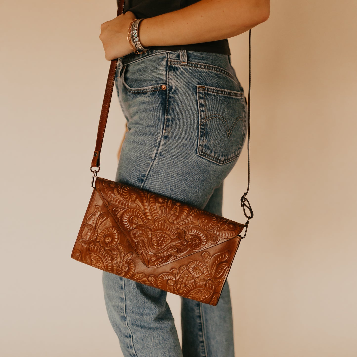 Hand Tooled Leather Envelope Cross Body Bag